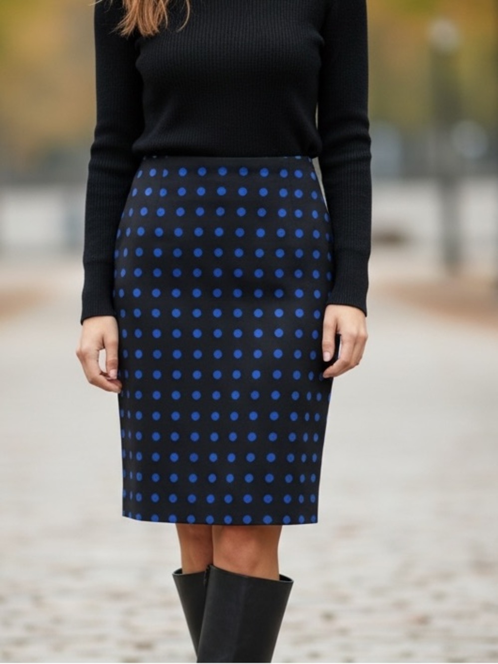 Talbots Black and Blue Polka Dot Wool Blend Classic Pencil Skirt Sz 4